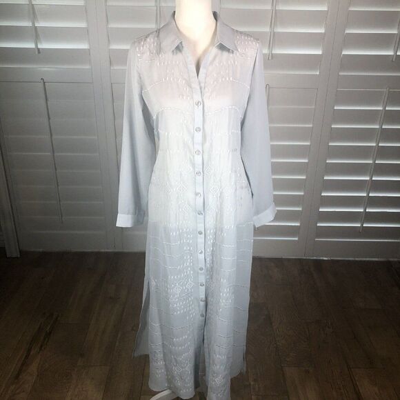 Soft Surroundings Pale Gray Sheer Chiffon Button Up Duster Dress PS Collared Tie - Picture 2 of 12